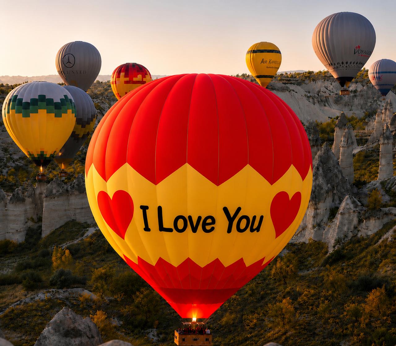 A red and yellow hot air balloon rising among other balloons at sunrise